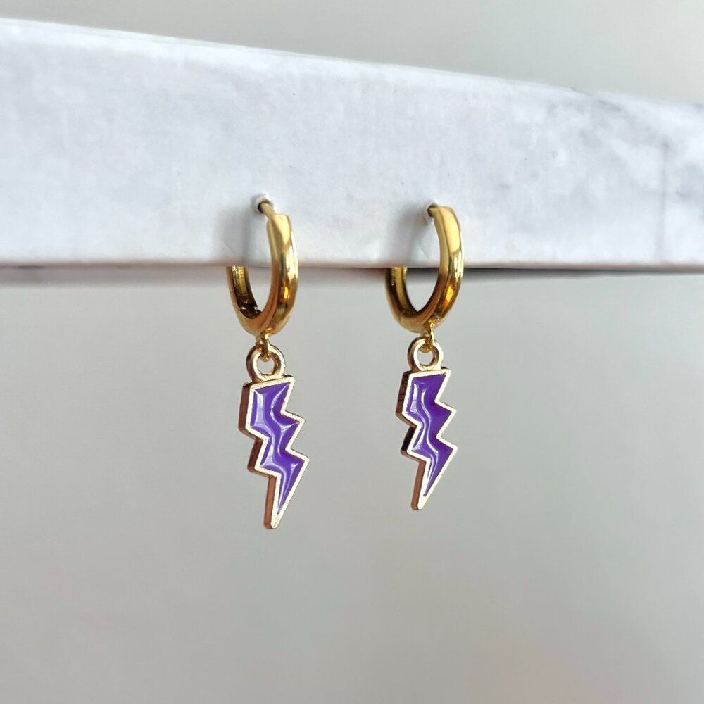 Purple Lightning Bolt Gold Huggie Hoops
